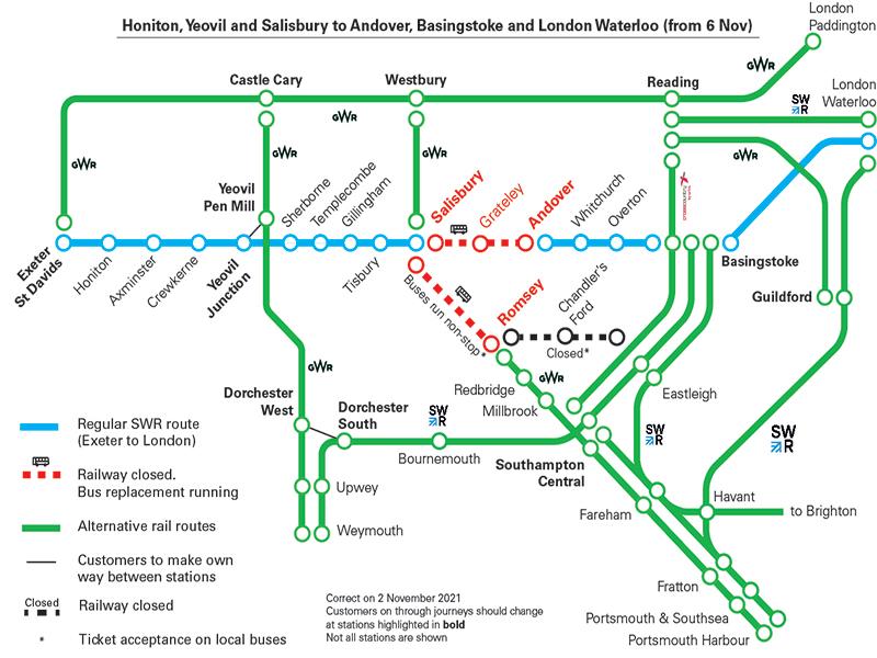 map for alternative routes from Honiton to London during disruption caused by Salisbury incident