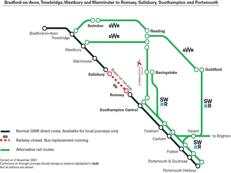 map for alternative routes for Westbury to Southampton during disruption caused by Salisbury incident