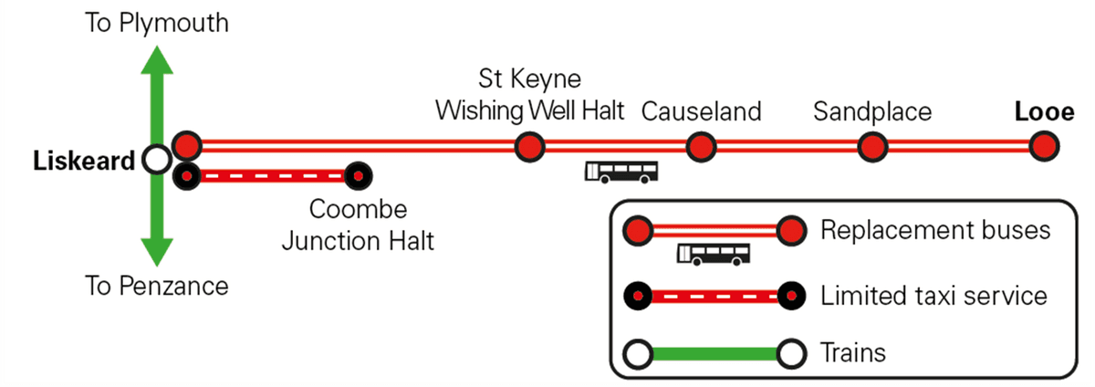 Map of services during Cornwall resignalling work on 20 November. Full detail is available on this page.