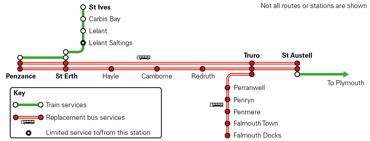 Map of services during Cornwall resignalling work between Tuesday 27 February and Sunday 3 March. Full detail is available on this page.