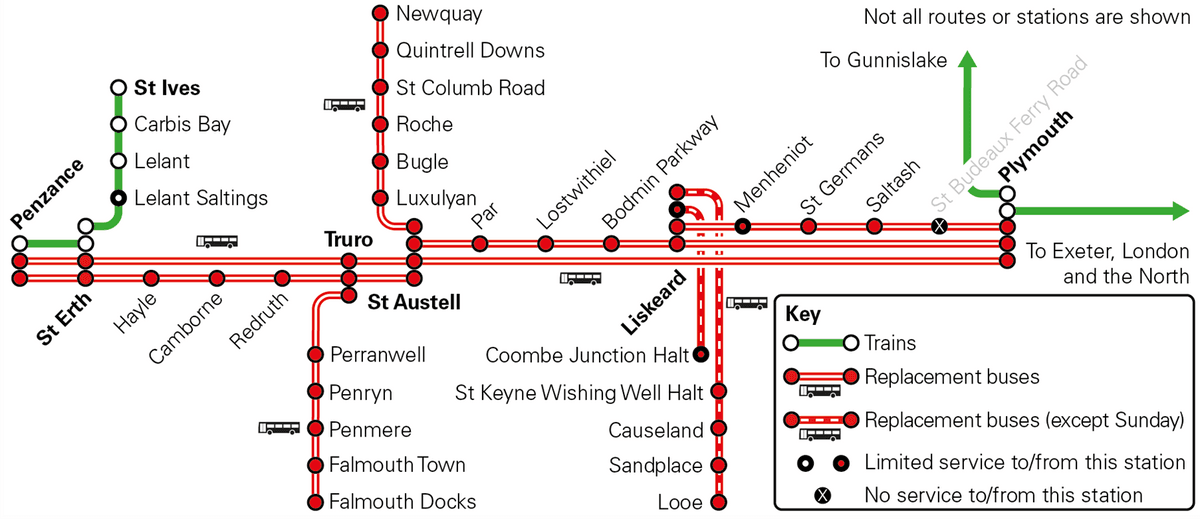 Map of services during Cornwall resignalling work on 9 and 10 March. Full detail is available on this page.