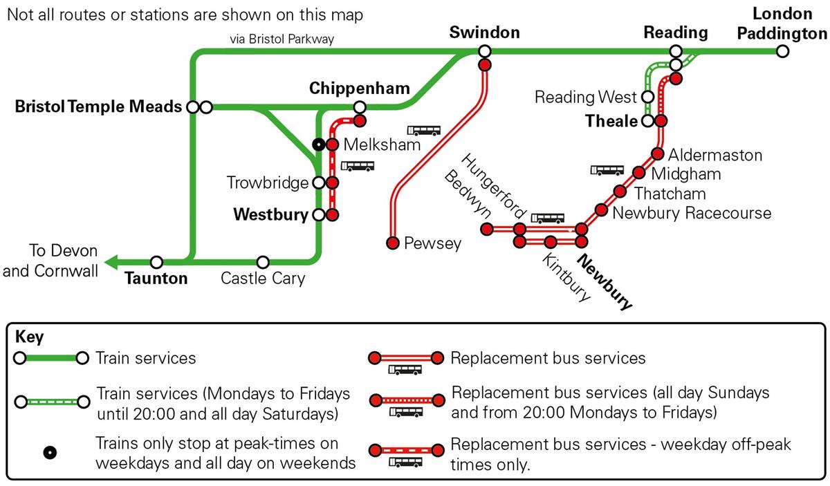 Map of planned engineering work affecting rail services in Newbury in March and February 2023. Full details of these changes and advice are available in this page.