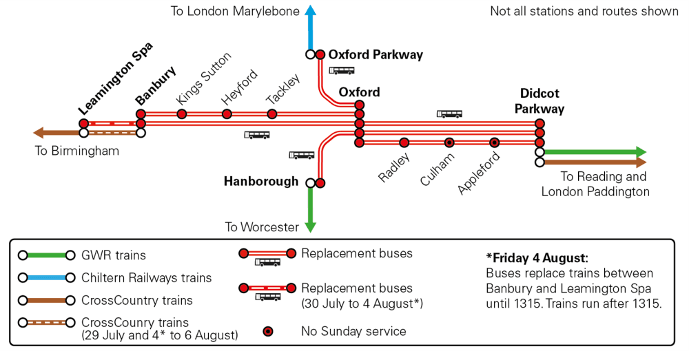 Map of disruption in the Oxford area during railway upgrades. Full information is included in text form on this page.