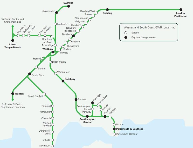 Wessex and South Cost GWR route map