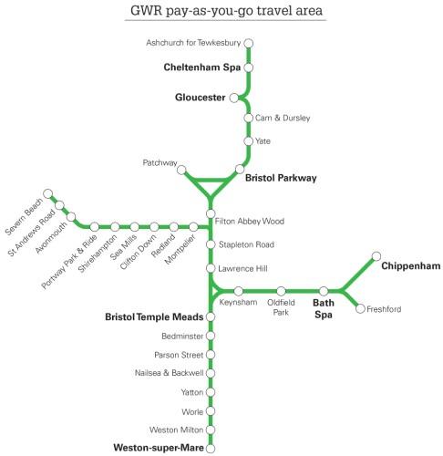 Map of stations in the Bristol pay-as-you-go area. 