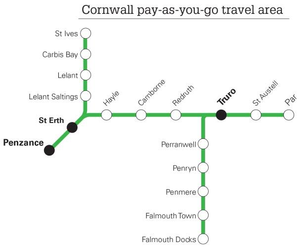 Map of the Cornwall pay-as-you-go area, covering: Penzance, St Erth, Lelant Saltings, Lelant, Carbis Bay, St Ives, Hayle, Camborne, Redruth, Truro, St Austell, Par, Perranwell, Penryn, Penmere, Falmouth Town, and Falmouth Docks.